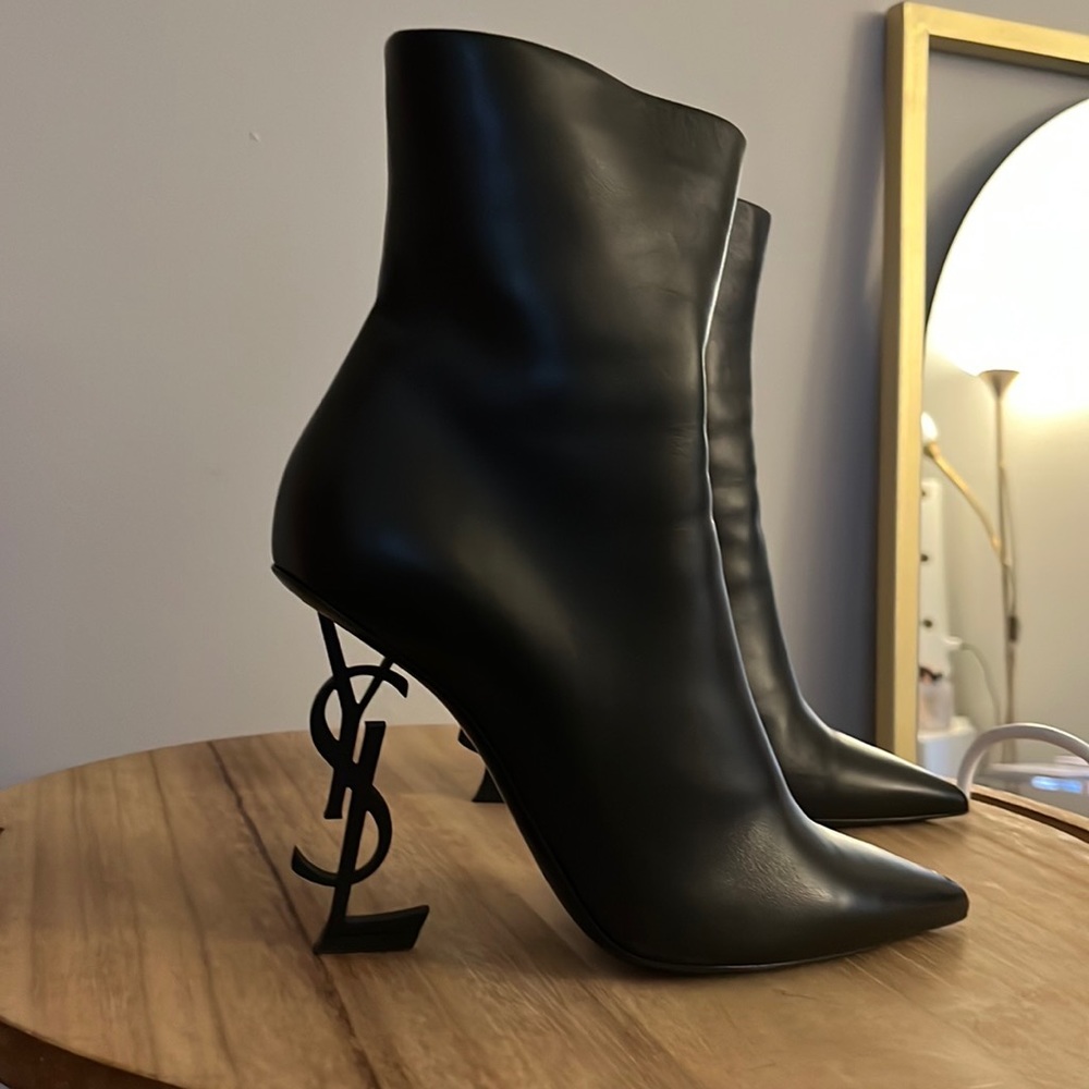 Saint Laurent Black Leather YSL Logo Heel Ankle Boots